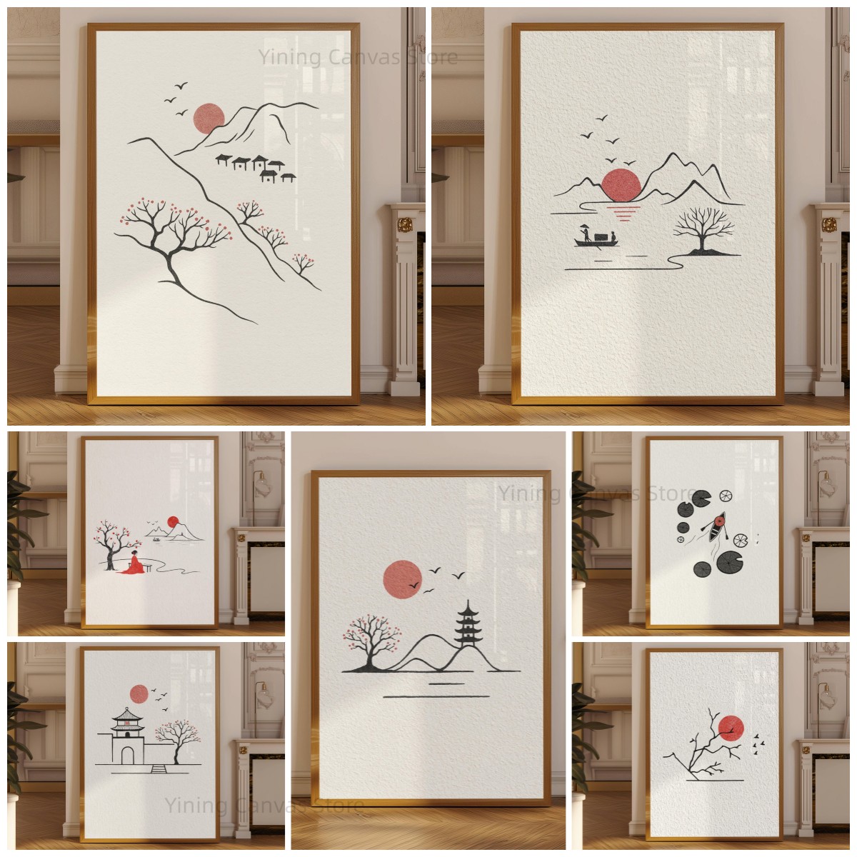 Japanese Zen Lifestyle - Minimalist Japon Mürekkep Posteri, Kuşlarla Süslü